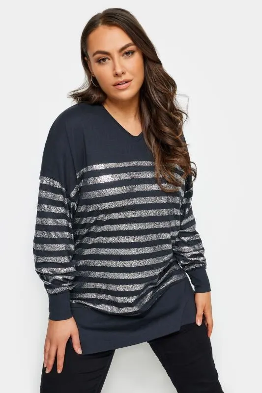 YOURS LUXURY Navy Blue Metallic Wide Stripe Top