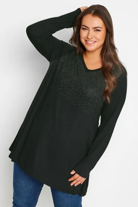 YOURS Curve Black Stud Embellished Long Sleeve Top
