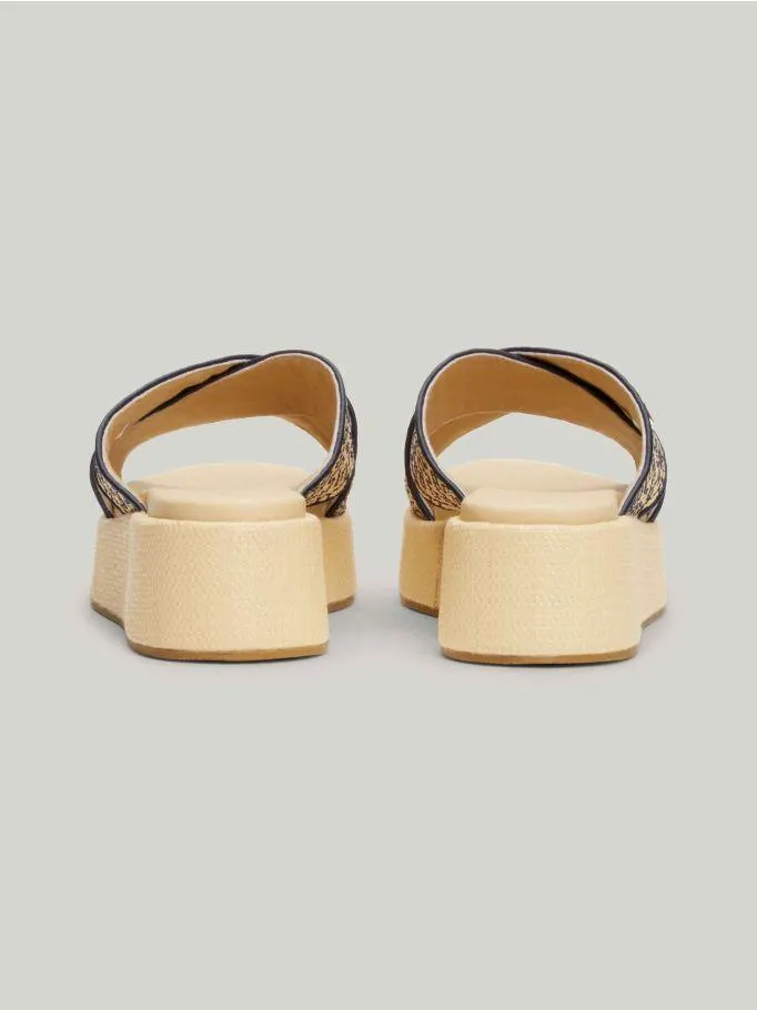 TH Monogram Rafia Wedge Flatform Sandals