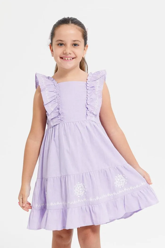 Girls Lilac Cotton Frills Embroidered Smocking Tiered Dress