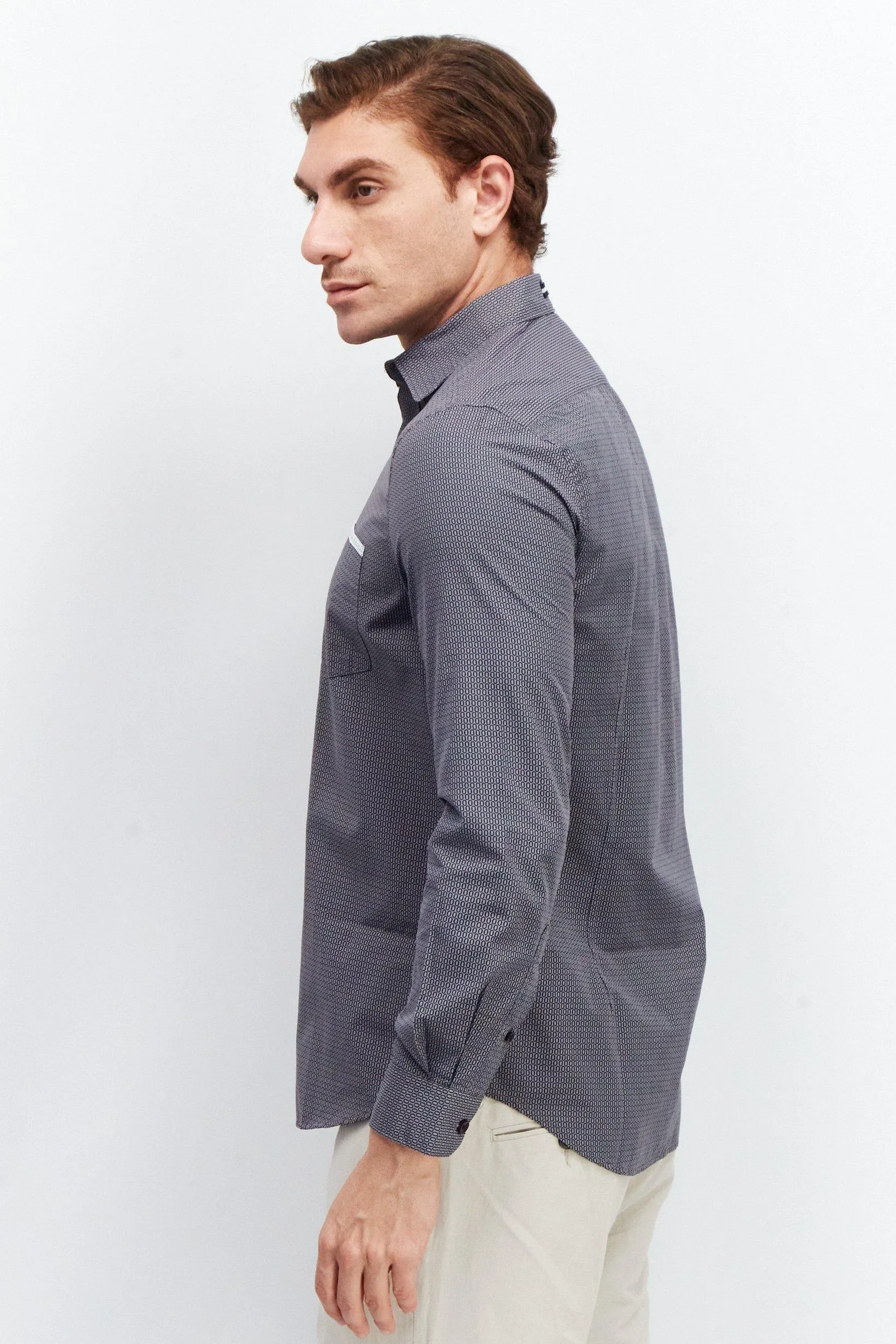 Men Regular Fit Long Sleeve Allover Print Casual Shirt, Grey/Navy