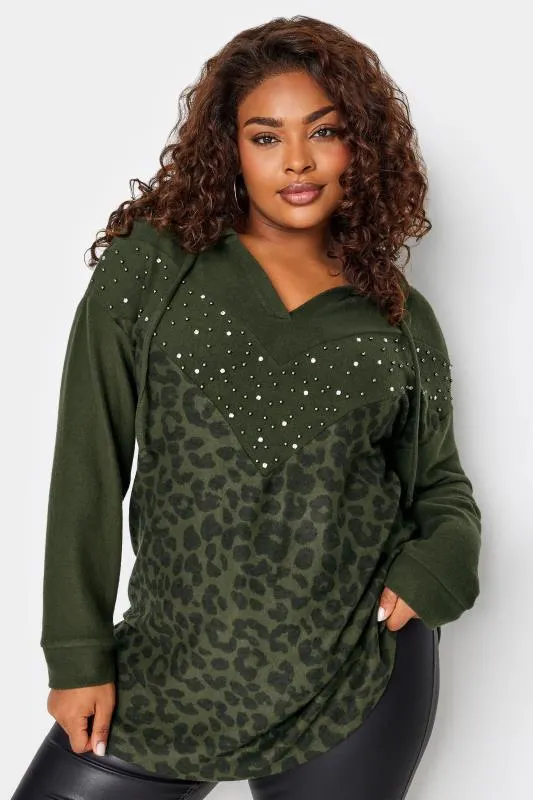 YOURS Curve Khaki Green Animal Print Embellished Hoodie