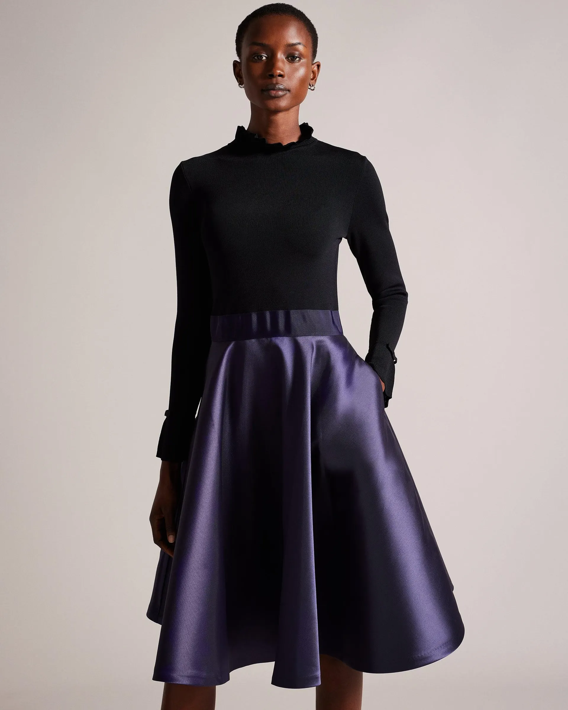 Zadi Knitted Frill Full Skirt Dress Navy