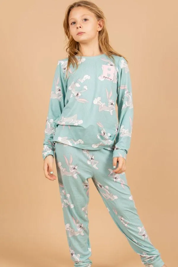 Girls Sage Green Bugs Printed PJ
