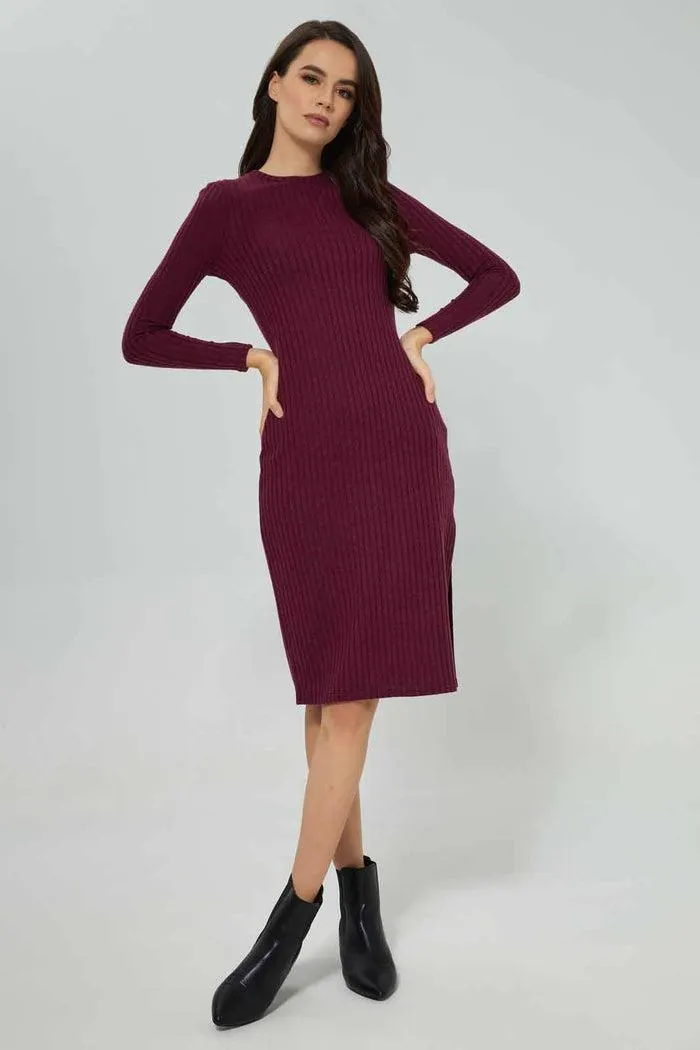 Women Burgundy Ribbed Dress