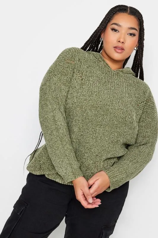 YOURS Curve Khaki Green Chenille Knitted Hoodie
