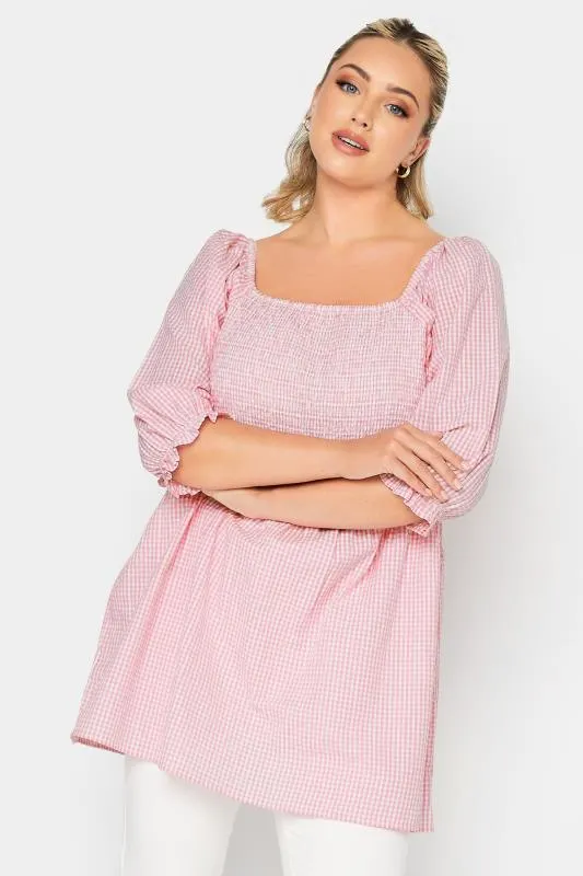 YOURS Curve Pink Gingham Print Square Neck Shirred Top
