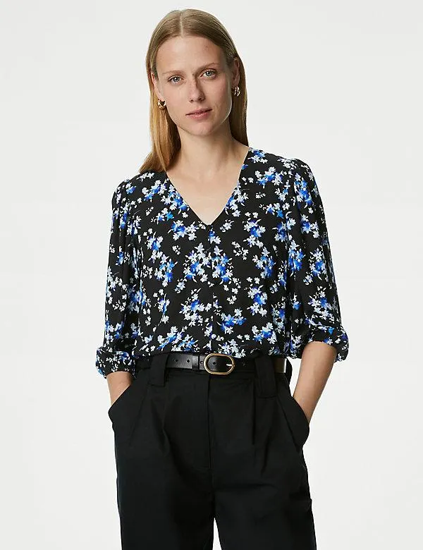 Floral V-Neck Button Through Blouse