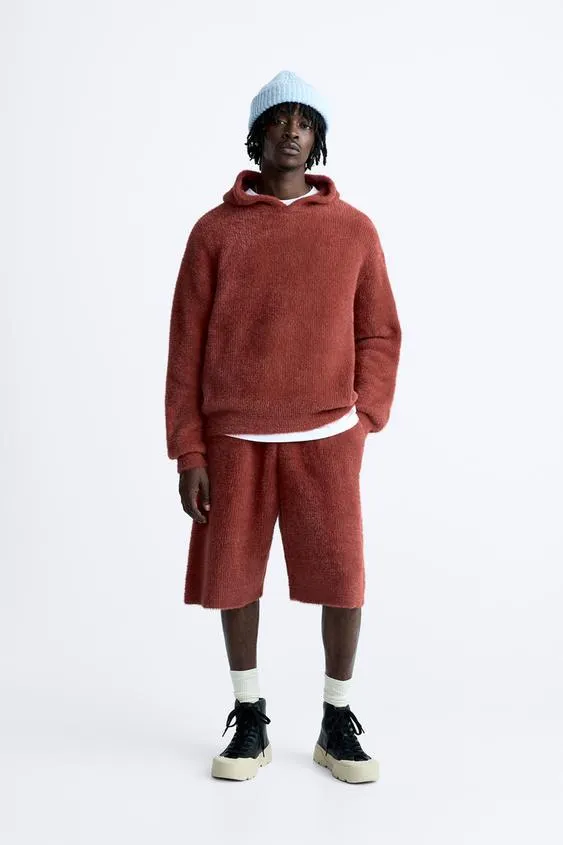 FAUX FUR TEXTURED KNIT BERMUDA SHORTS