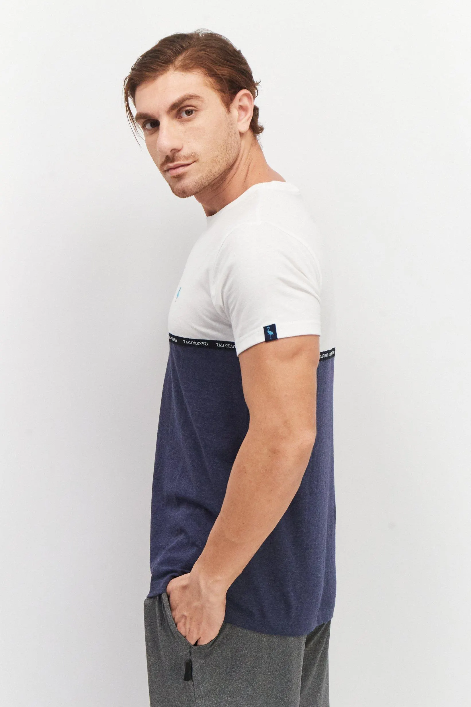 Men Crew Neck Short Sleeve Colorblock T-Shirt, White/Navy