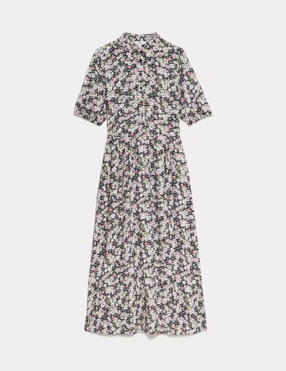 Printed Collared Puff Sleeve Midi Shirt Dress