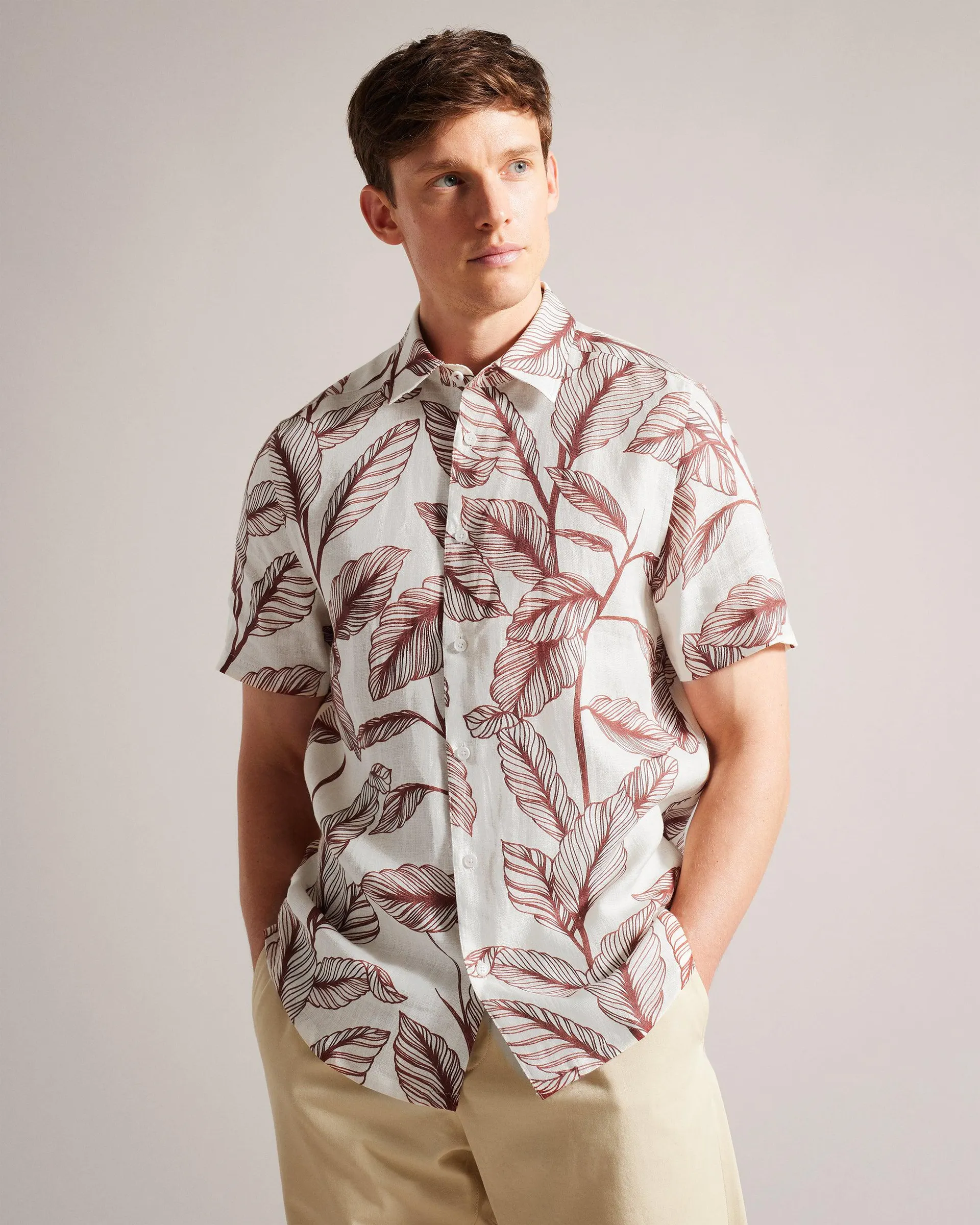 Short Sleeve Leaf Print Linen Shirt