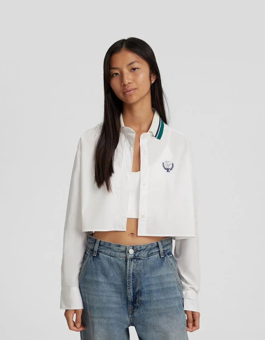 Long sleeve printed poplin shirt with embroidery