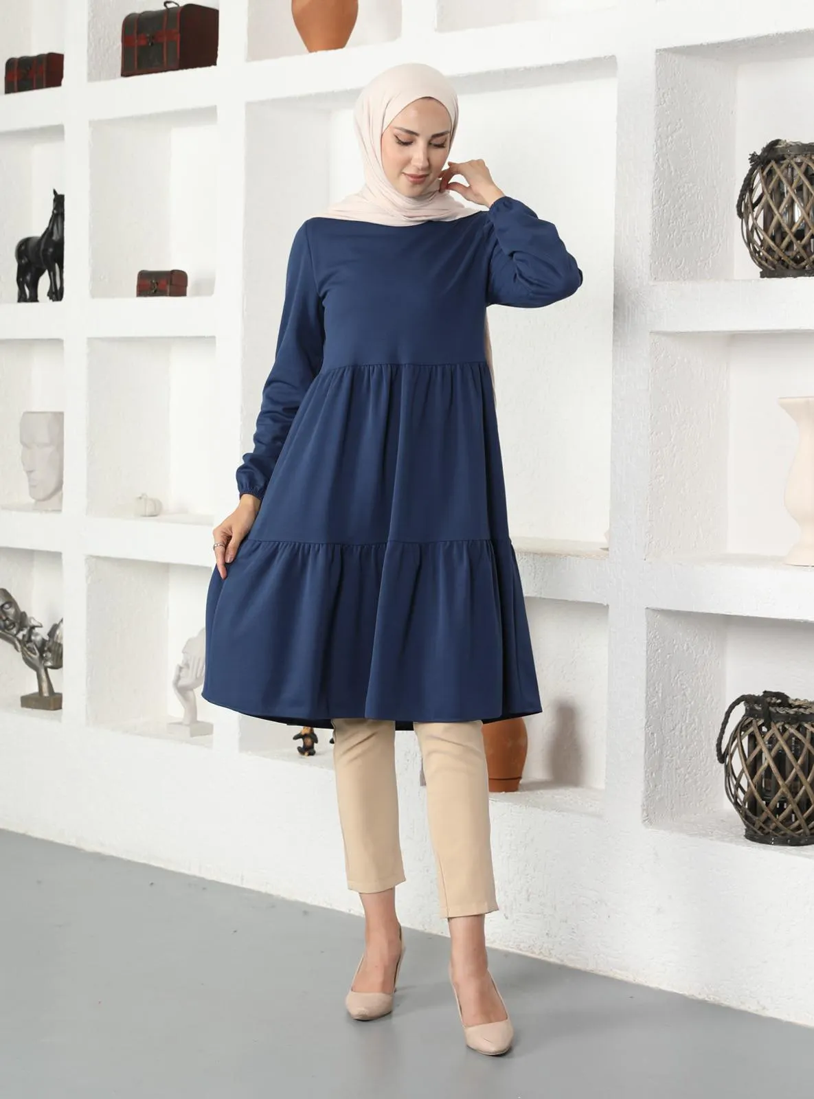 Tunic With Elastic Sleeve Ends Indigo
