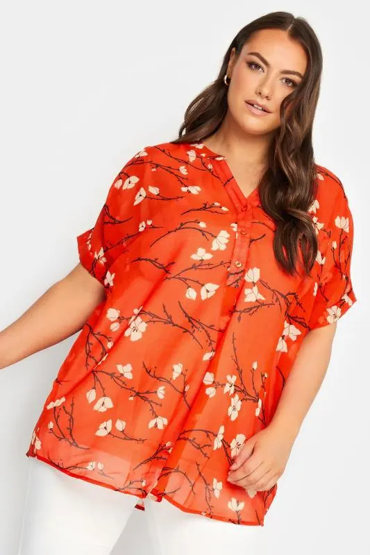 YOURS Curve Orange Floral Half Placket Shirt