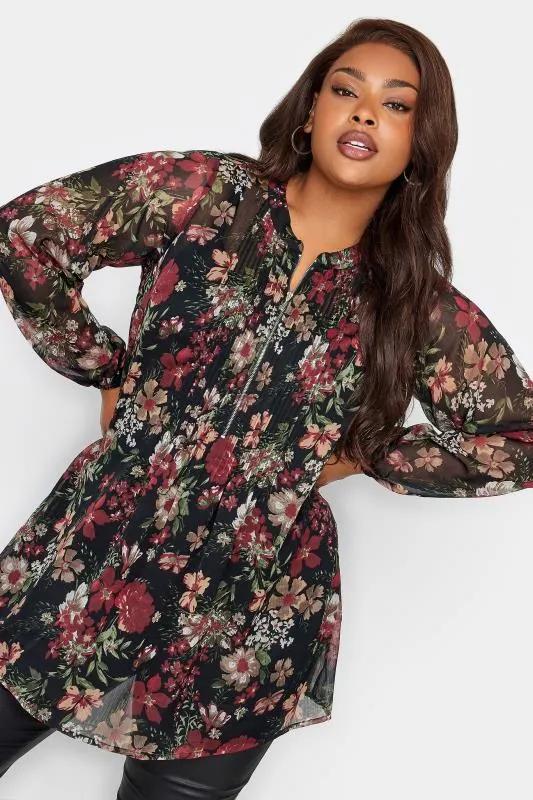 YOURS LONDON Curve Black Floral Print Zip Front Top