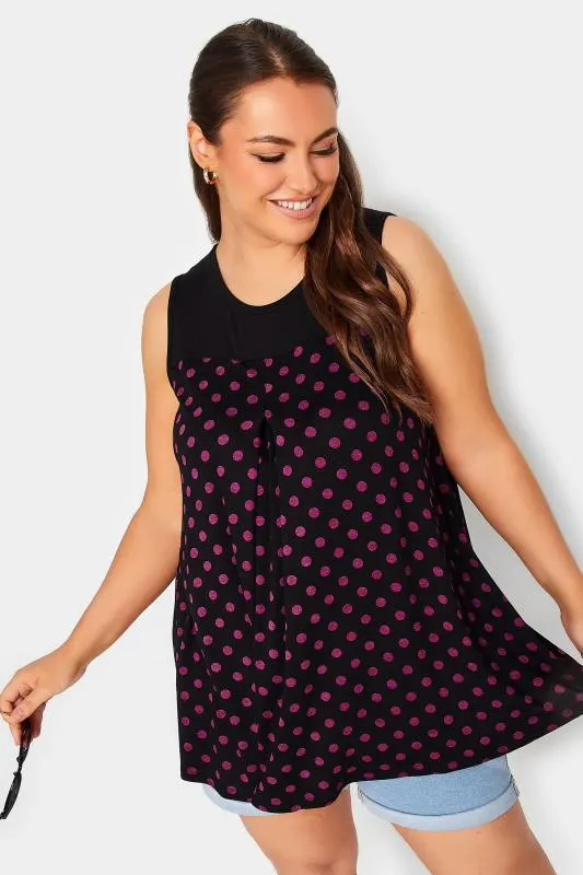 YOURS Curve Black Plain Panel Spot Printed Pleat Vest Top