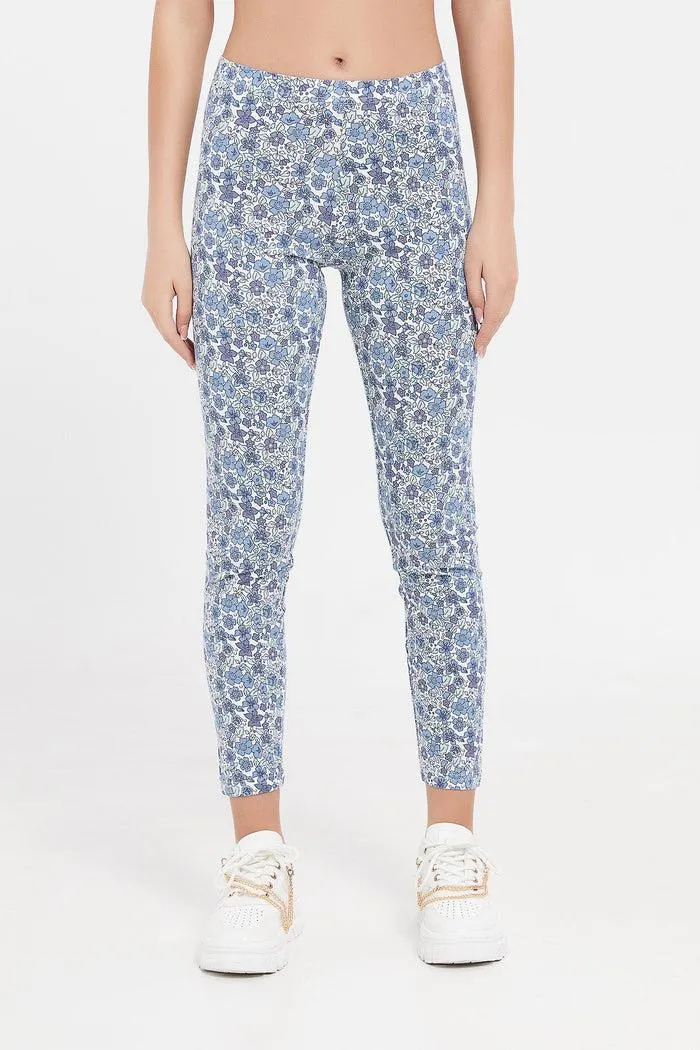 Senior Girls White And Blue Floral Print Leggings