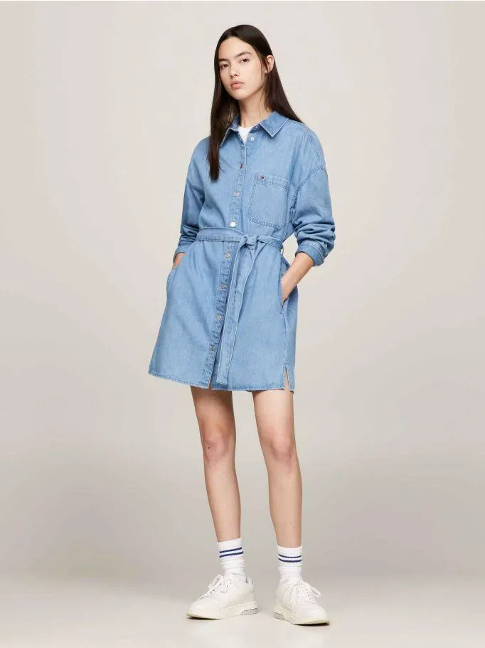 Denim Embroidery Logo Belt Shirt Dress