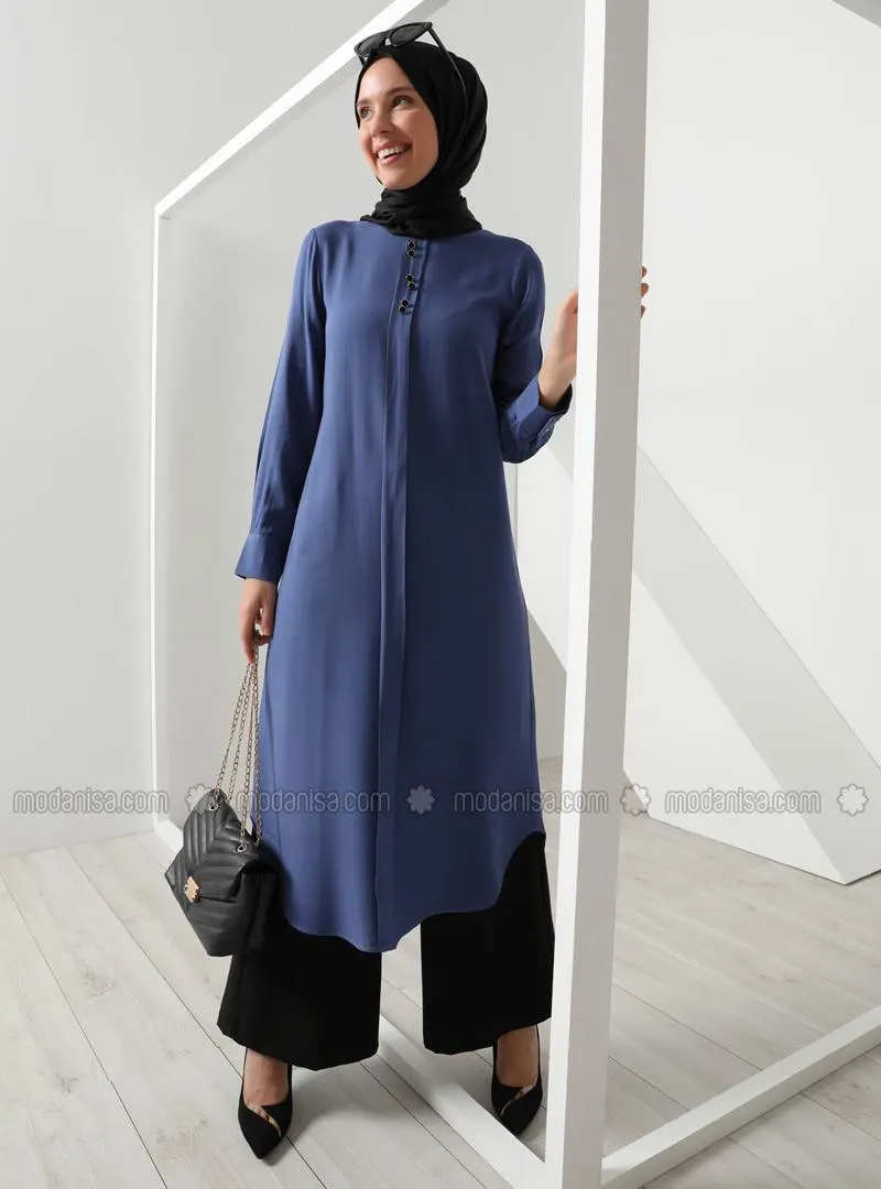 Button Detailed Viscose Tunic Indigo