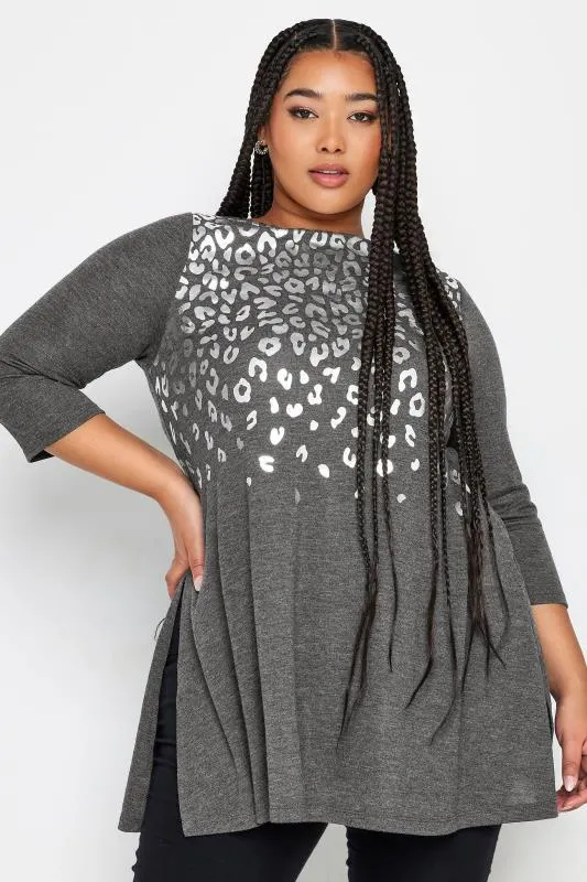 YOURS Curve Grey Foil Leopard Print Top