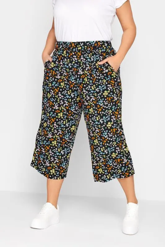 YOURS Curve Black Ditsy Floral Cropped Trousers