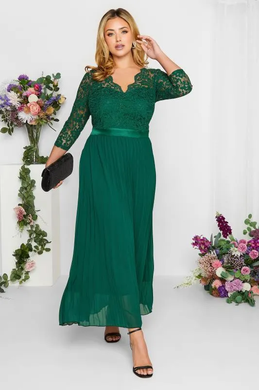 YOURS LONDON Curve Forest Green Lace Pleated Maxi Dress
