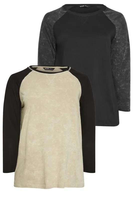 YOURS 2 PACK Curve Black & Beige Brown Acid Wash Raglan T-Shirts