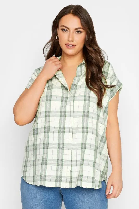 YOURS Curve Sage Green Check Print Collared Shirt