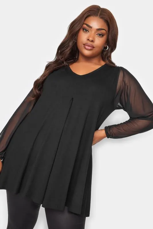 YOURS Curve Black Mesh Sleeve Pleated Swing Top