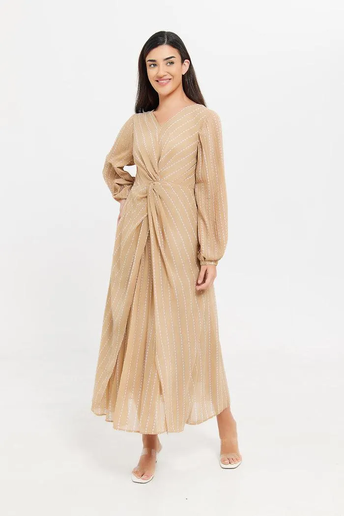 Women Beige Printed Pleated Flare Dress