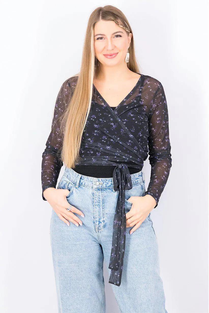 Women Surplice Neckline Long Sleeves Floral See Through Tops, Black and Violet