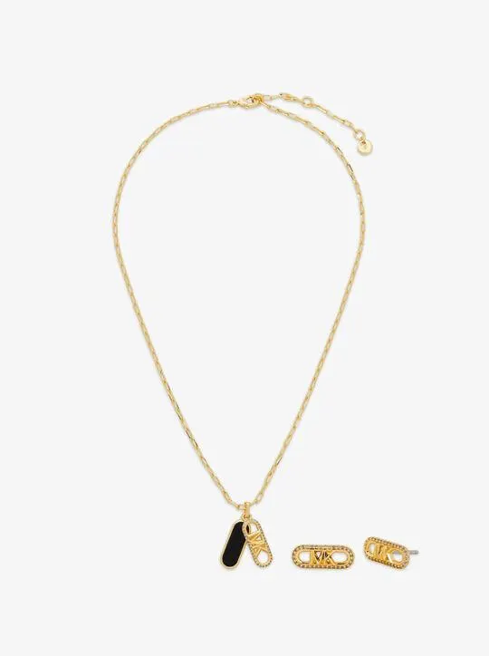 Precious Metal-Plated Brass and Acetate Empire Logo Necklace and Earrings Set