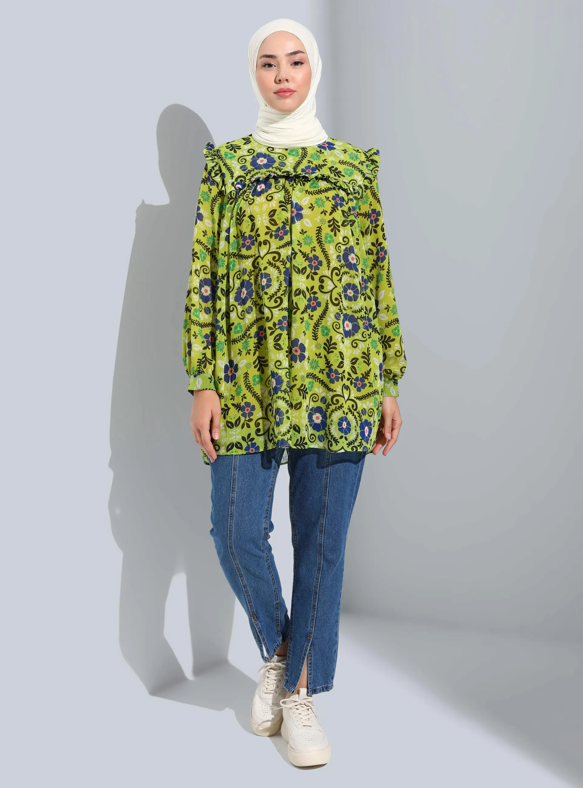Olive Green - Floral - Crew neck - Tunic