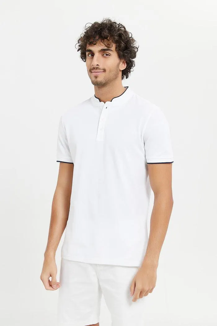 Men White Standup Collar Polo Shirt