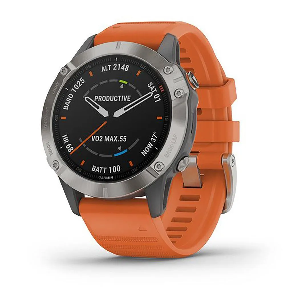 Garmin Fenix 6 Silicone Orange Strap Full Color Display Dial Watch - 010-02158-14