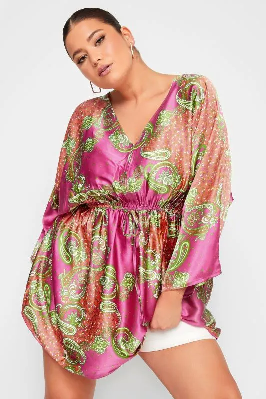 YOURS Curve Pink Retro Paisley Kimono Top