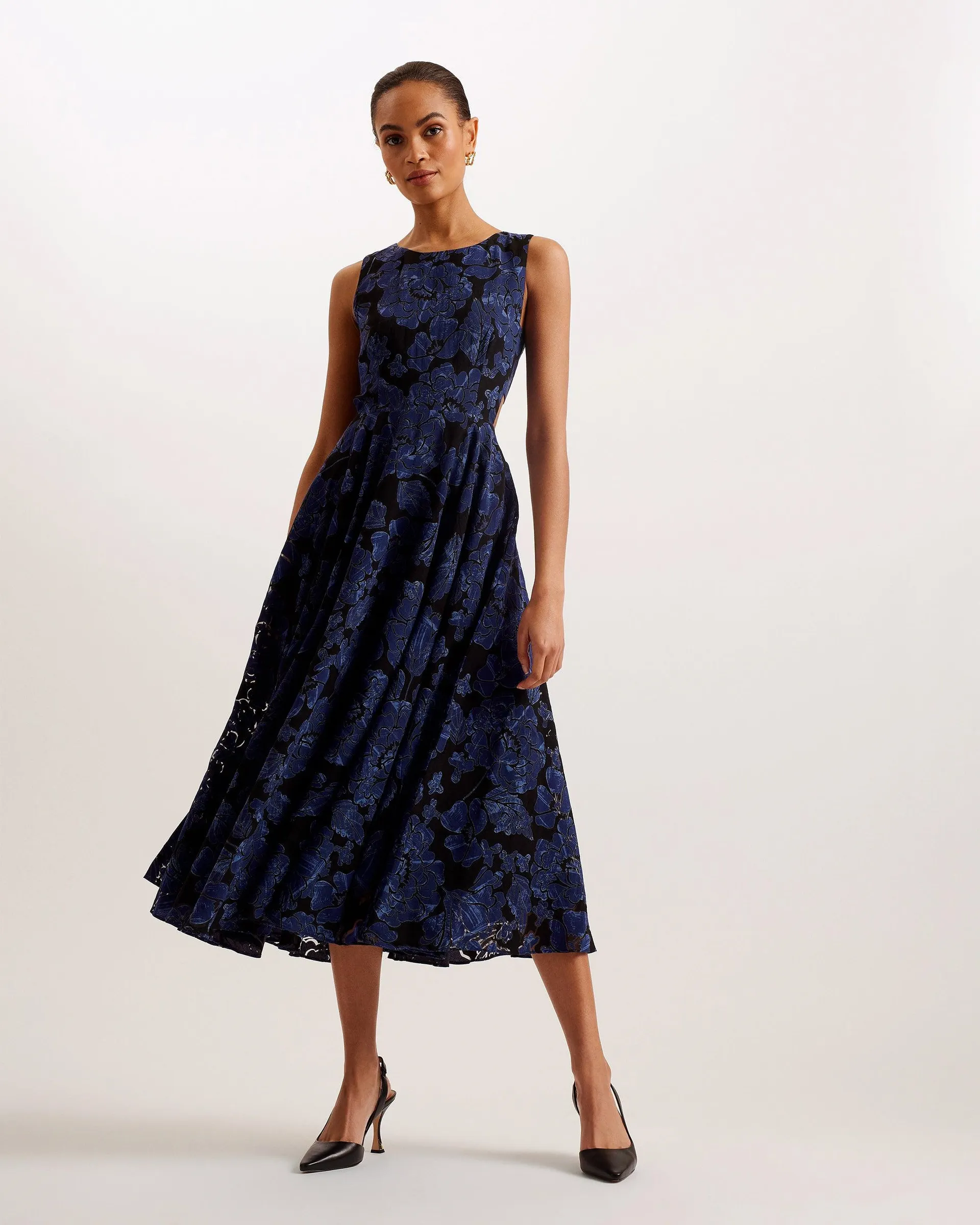 Occhito Cut Out A-Line Midi Dress Navy