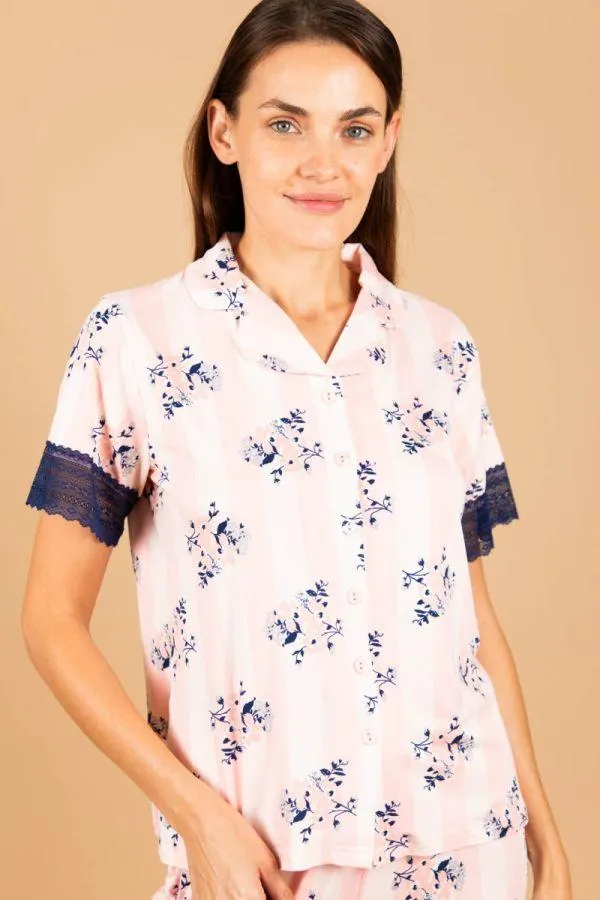 Ladies Peach Stripe Floral Button Through Top