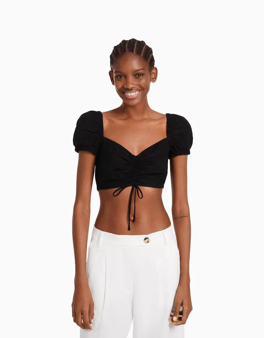 Short sleeve linen-blend crop top with gathered detail