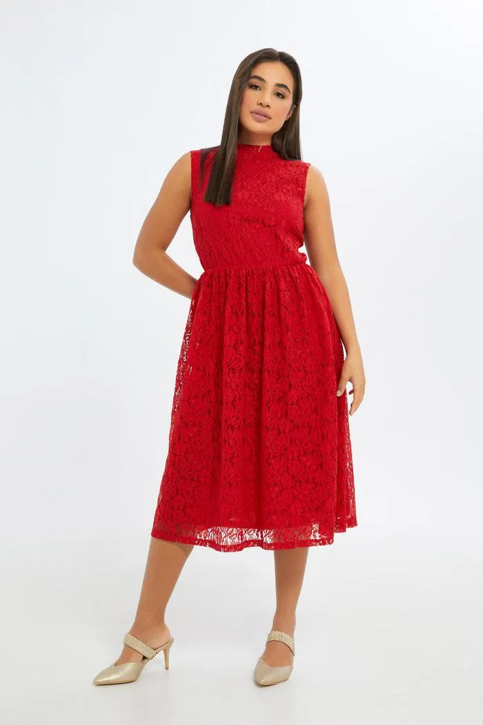 Women Red Embellished Lace Midi Dress