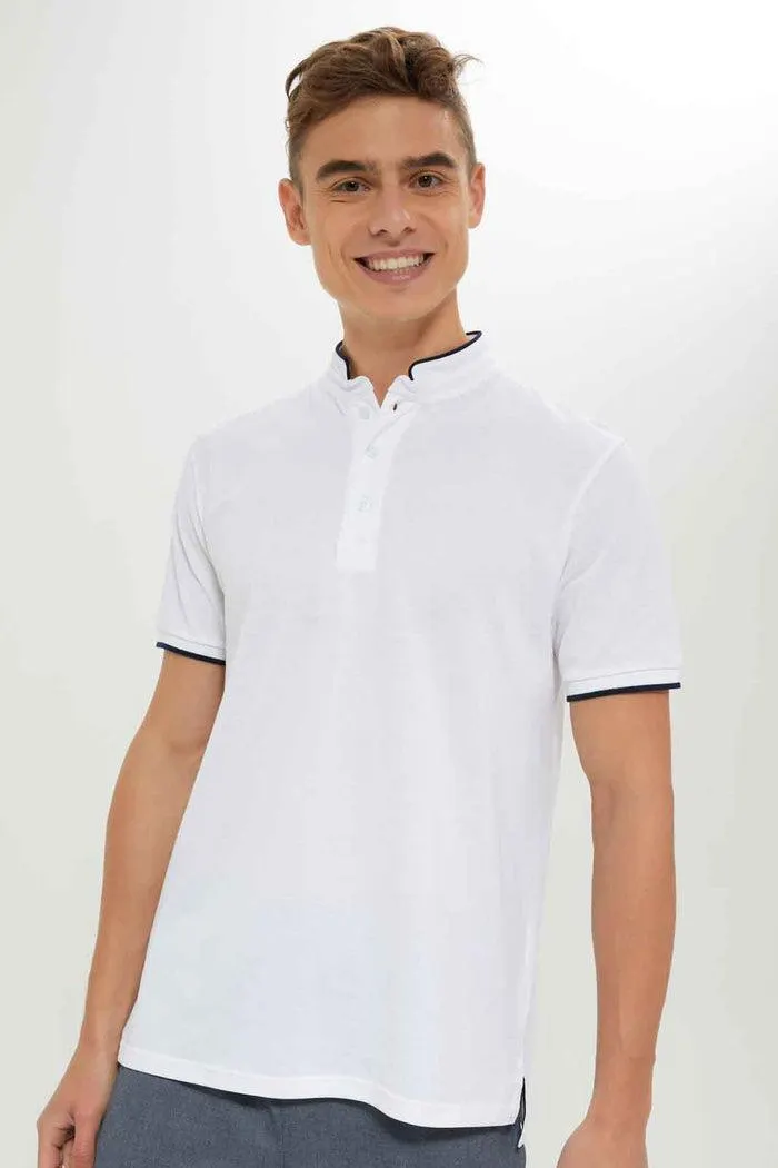Men White Standup Collar Polo Shirt
