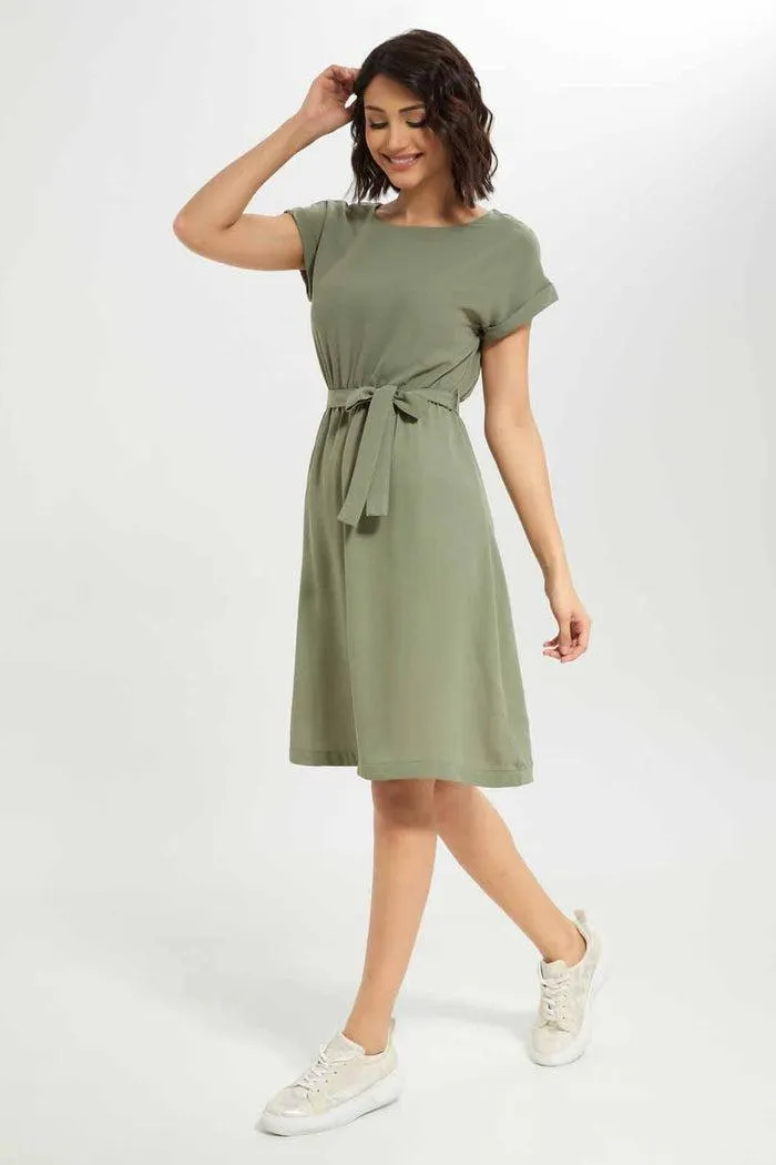 Women Green Belted Midi Dress