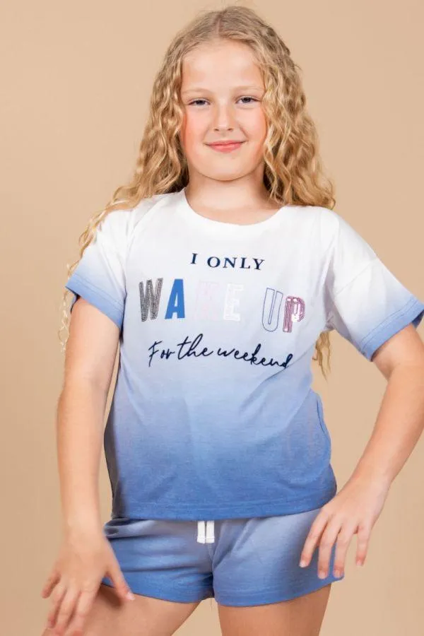 Girls Blue Ombre Weekend Slogan Short Set