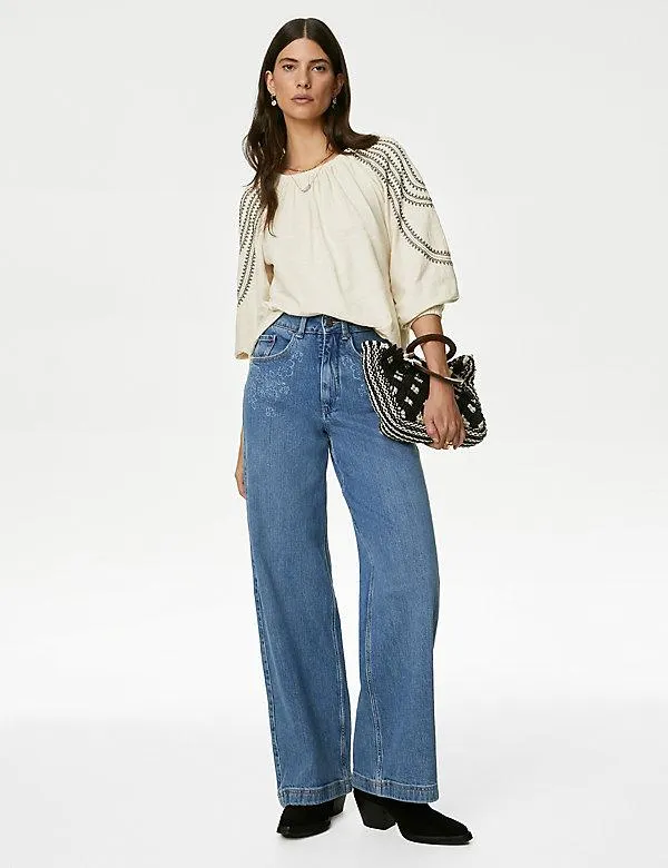 Pure Cotton Embroidered Round Neck Blouse