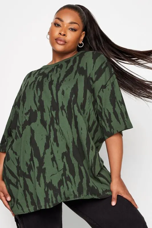 YOURS Curve Khaki Green Animal Print T-Shirt