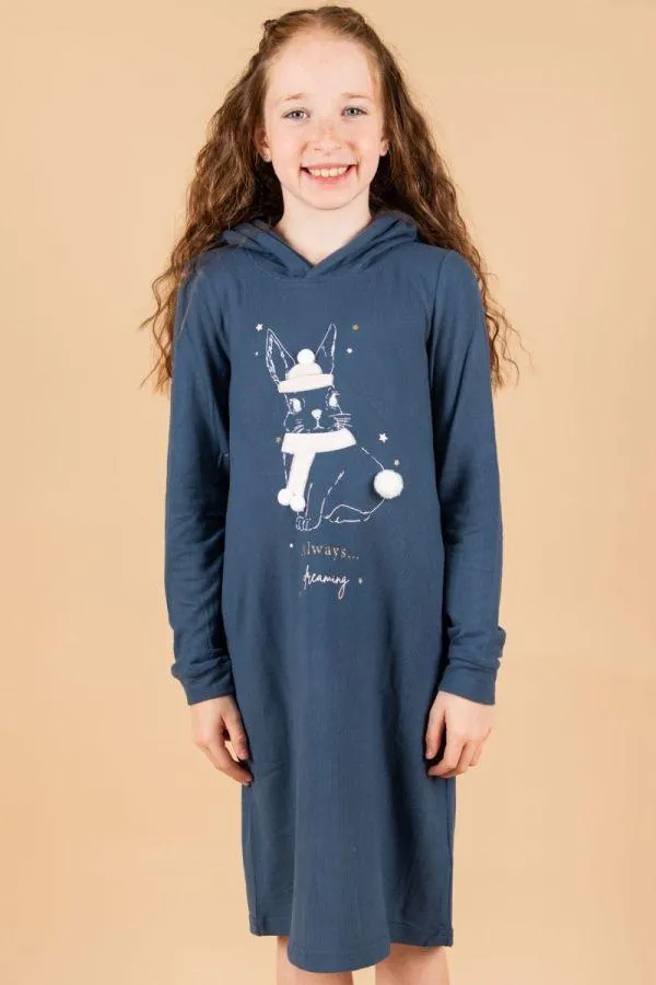 Girls Navy Sketchy Bunny Hooded Nightdress