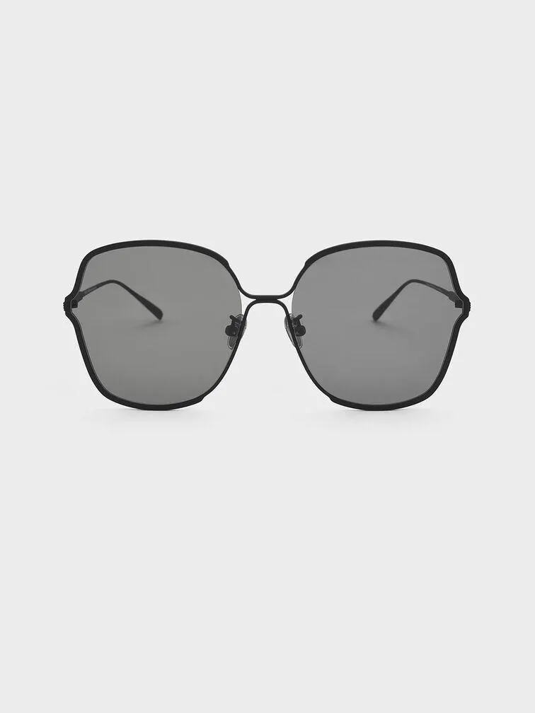 Metal Rim Butterfly Sunglasses - Black