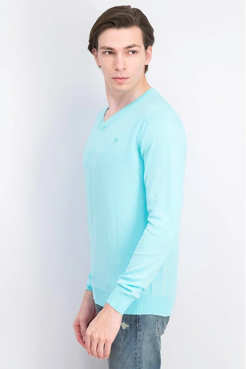 Men Regular Fit Embroidered Logo V-neck Sweatshirt, Turquoise