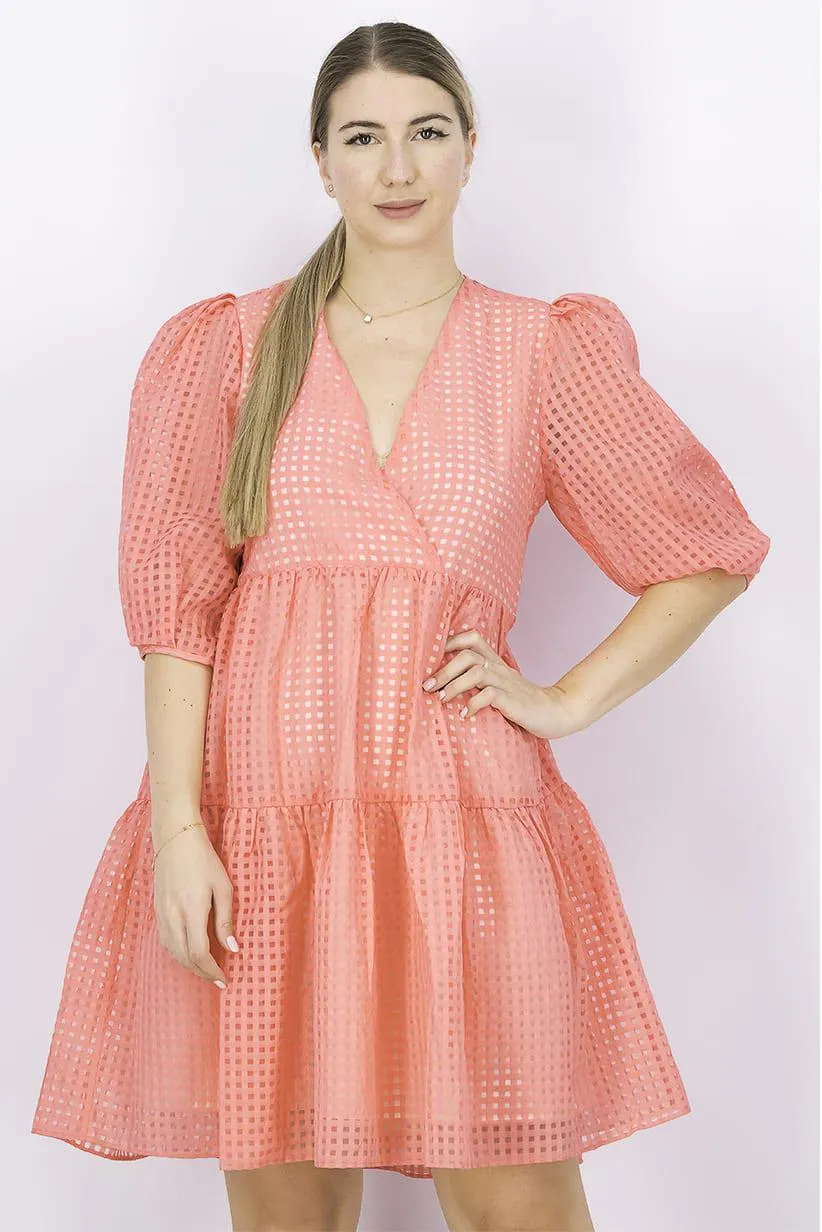 Women Gingham Pattern A-Line Dress, Pink